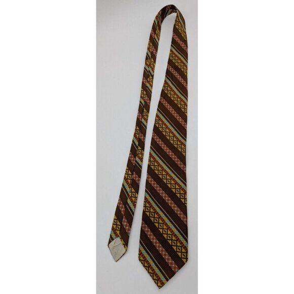 Vintage 60s 70s Men's Tie Brown Yellow Blue Striped - Picture 4 of 9